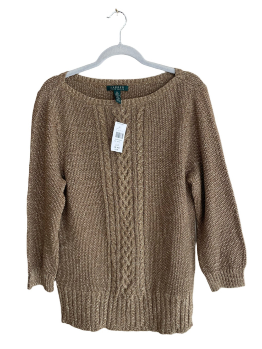 Lauren Ralph Lauren Sweater Womens XL Gold Metallic Cable Knit Boat Neck NWT